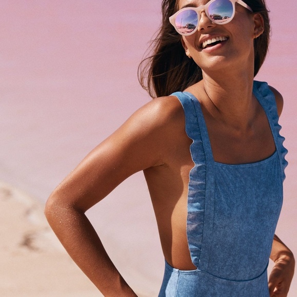 New Aerie Denim Overall Ruffle One Piece Swimsuit - Picture 3 of 8